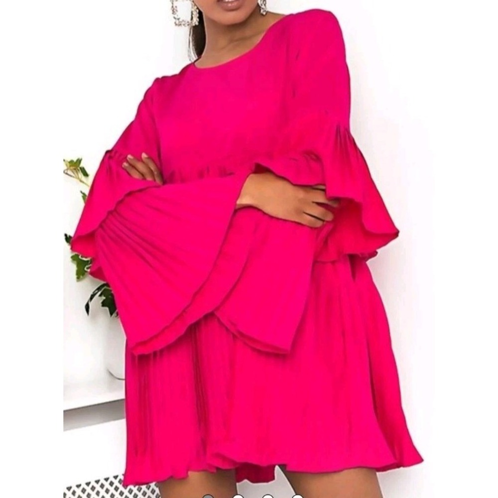 City Lights England Women's PLEATED Tiered Long SLEEVE DRESS Sz 6 Neon Pink